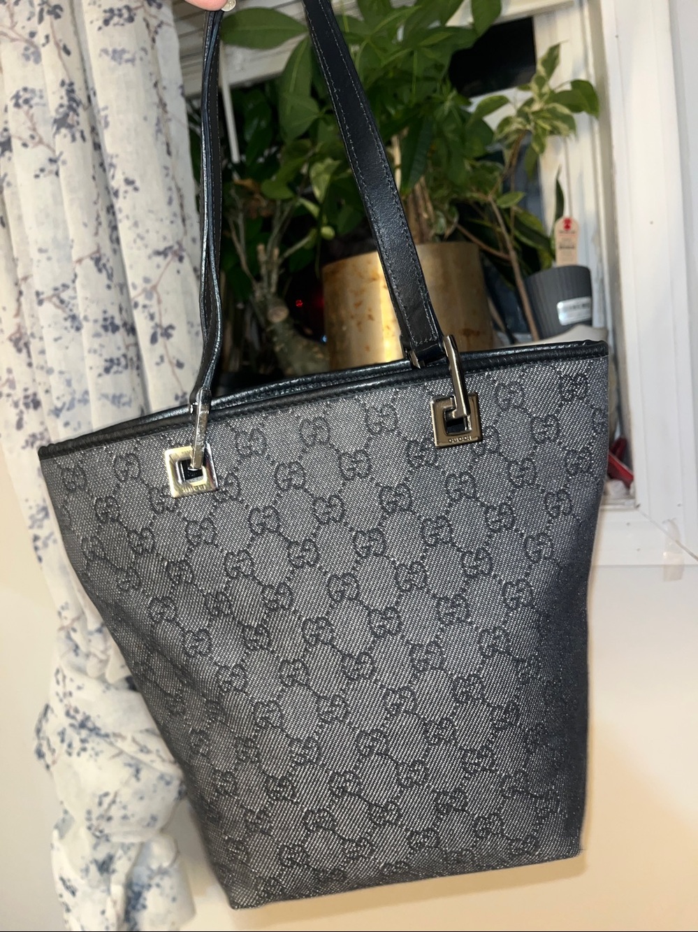 Gucci Navy Monogram jacquard mini Tote with Leather Handles shw - Picture 10 of 11